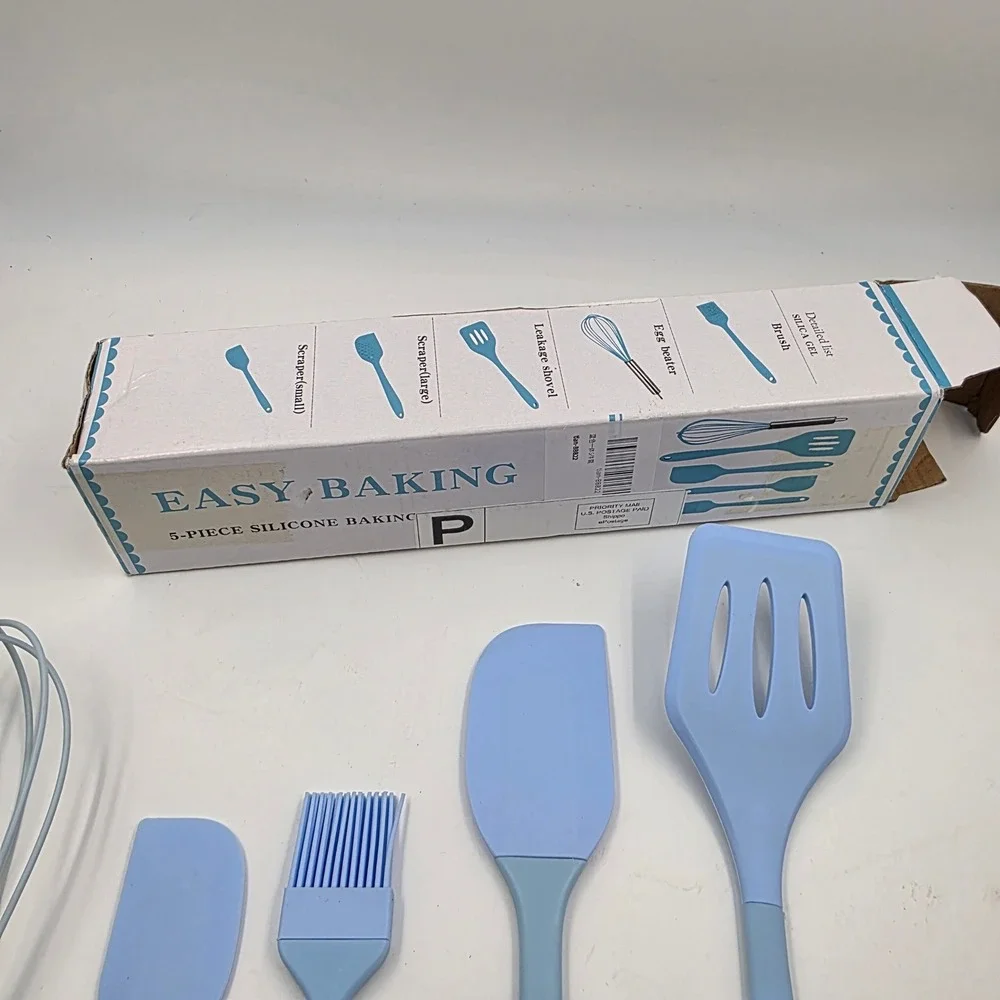 Easy Baking 5 Piece Silicone Kitchen Utensil Set Blue Spatula Whisk Brush BPA L4